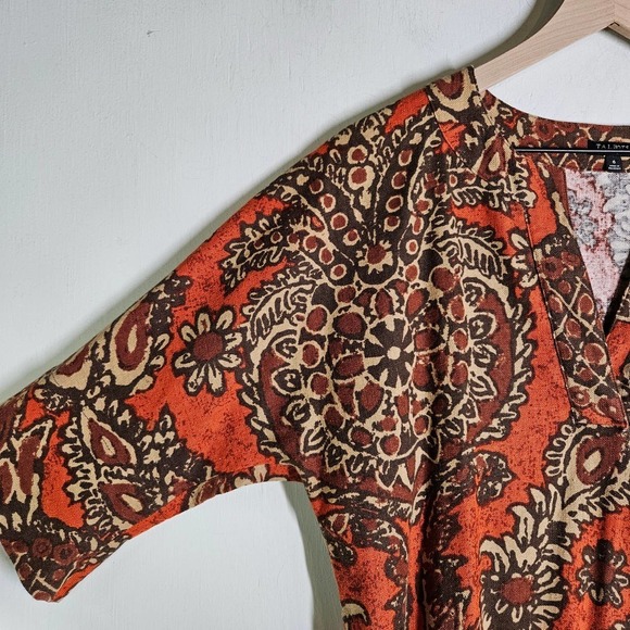 Talbots Paisley Print Linen Dress 6 Rust Brown Elbow Sleeves Boho‎ Tunic - Picture 2 of 5